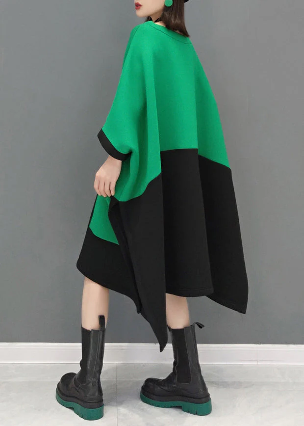 Casual Green O Neck Pockets Patchwork Cotton Mid Dresses Fall - Image 3