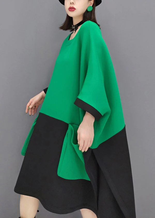 Casual Green O Neck Pockets Patchwork Cotton Mid Dresses Fall - Image 4