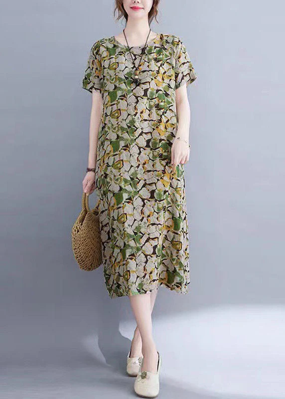 Casual Green O-Neck Print Pockets Long Dress Short Sleeve - Image 2