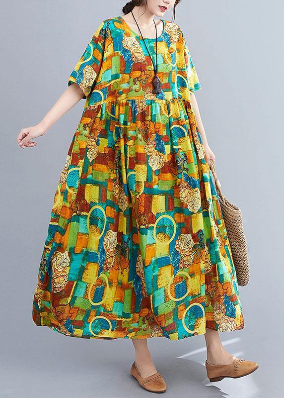 Casual Green O-Neck Print Summer Patchwork Robe Dresses Half Sleeve