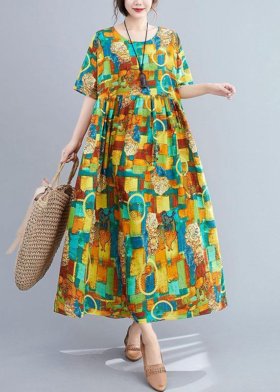 Casual Green O-Neck Print Summer Patchwork Robe Dresses Half Sleeve - Image 2