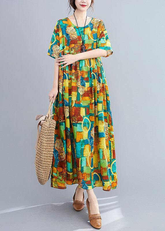 Casual Green O-Neck Print Summer Patchwork Robe Dresses Half Sleeve - Image 3
