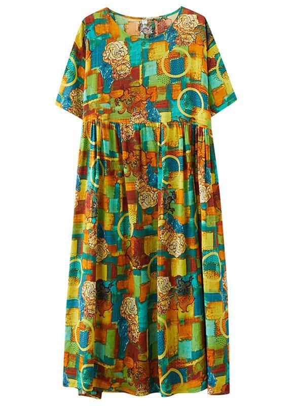 Casual Green O-Neck Print Summer Patchwork Robe Dresses Half Sleeve - Image 5