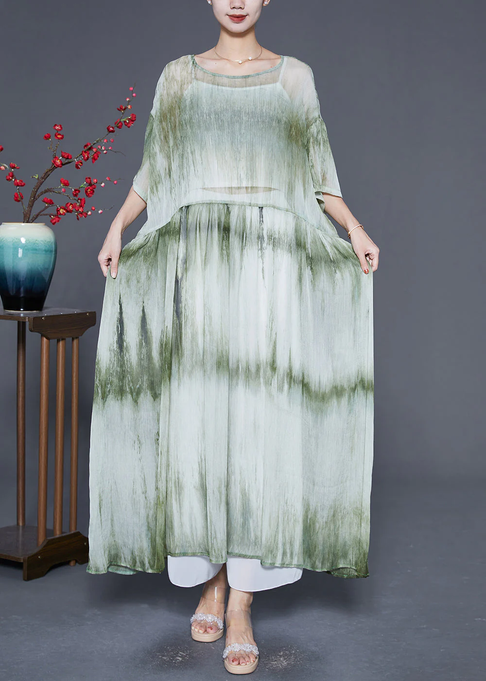 Casual Green Oversized Tie Dye Maxi Dress Summer - Image 2