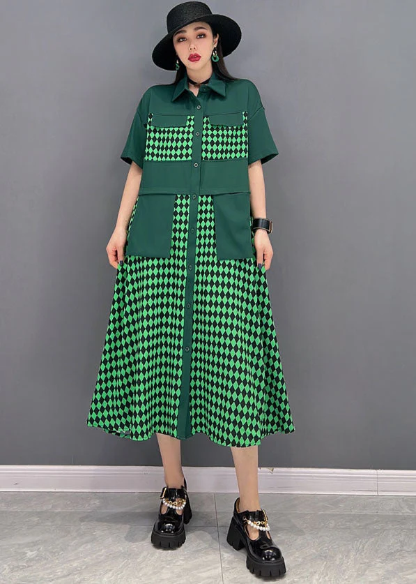 Casual Green Peter Pan Collar Patchwork Print Chiffon Party Dress Short Sleeve - Image 2