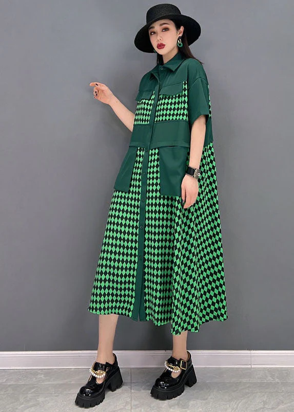 Casual Green Peter Pan Collar Patchwork Print Chiffon Party Dress Short Sleeve - Image 3