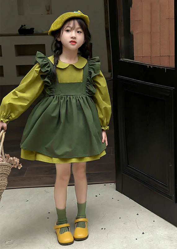 Casual Green Peter Pan Collar Ruffled Kids Long Waistcoat And Mid DressTwo Pieces Set Long Sleeve - Image 2