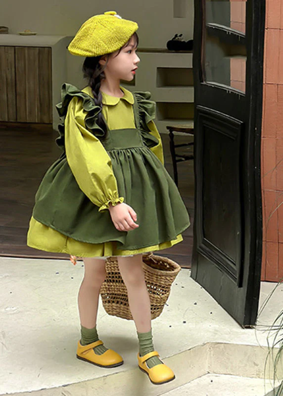 Casual Green Peter Pan Collar Ruffled Kids Long Waistcoat And Mid DressTwo Pieces Set Long Sleeve - Image 3