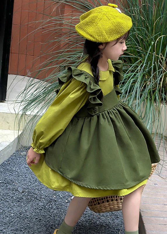 Casual Green Peter Pan Collar Ruffled Kids Long Waistcoat And Mid DressTwo Pieces Set Long Sleeve - Image 4