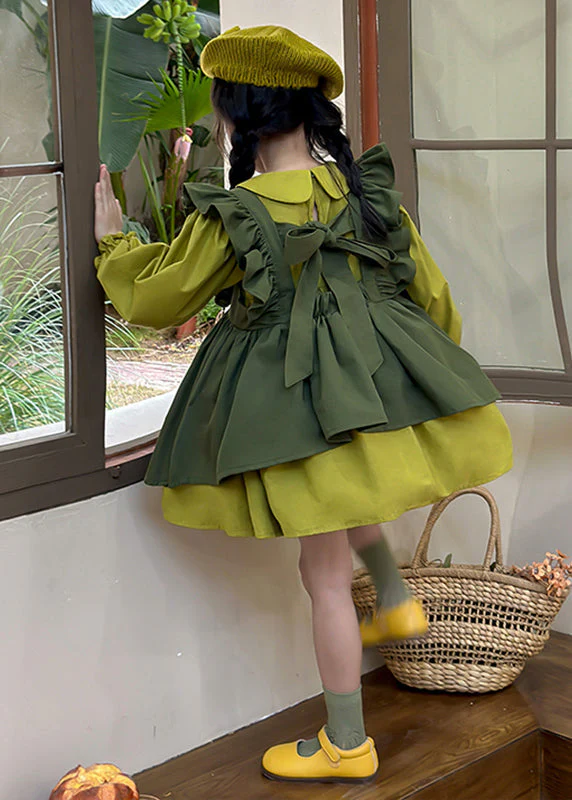Casual Green Peter Pan Collar Ruffled Kids Long Waistcoat And Mid DressTwo Pieces Set Long Sleeve - Image 5