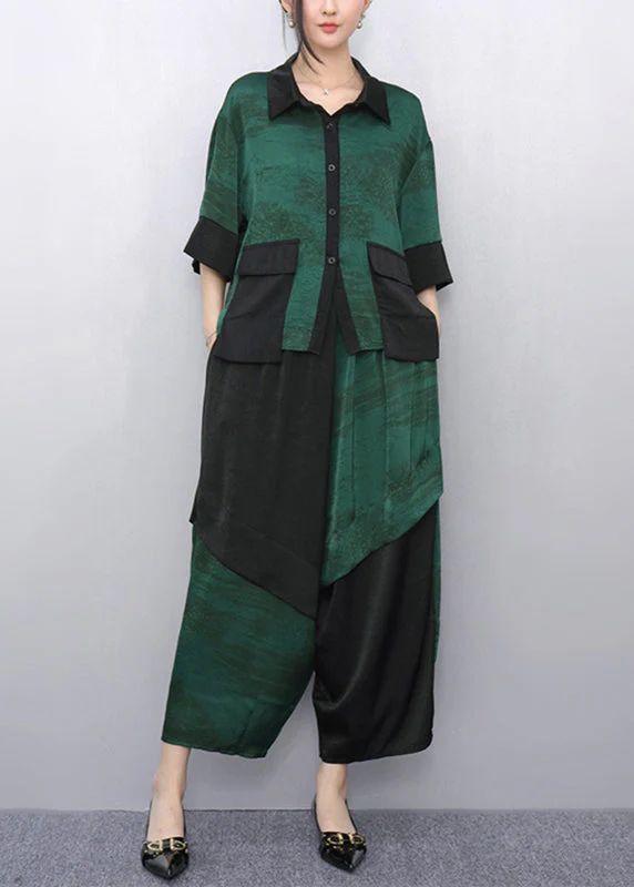 Casual Green Peter Pan Collar Top And Wide Leg Pants Two Pieces Set Summer - Image 2