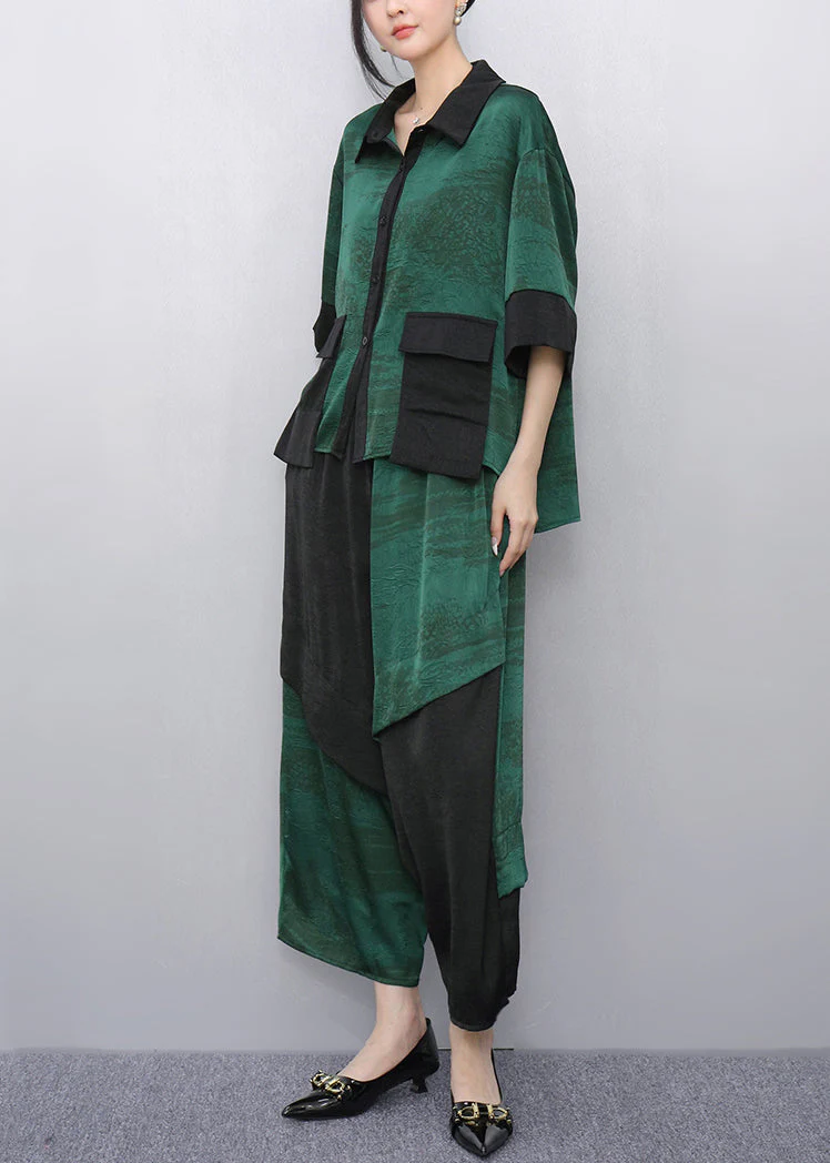 Casual Green Peter Pan Collar Top And Wide Leg Pants Two Pieces Set Summer - Image 4