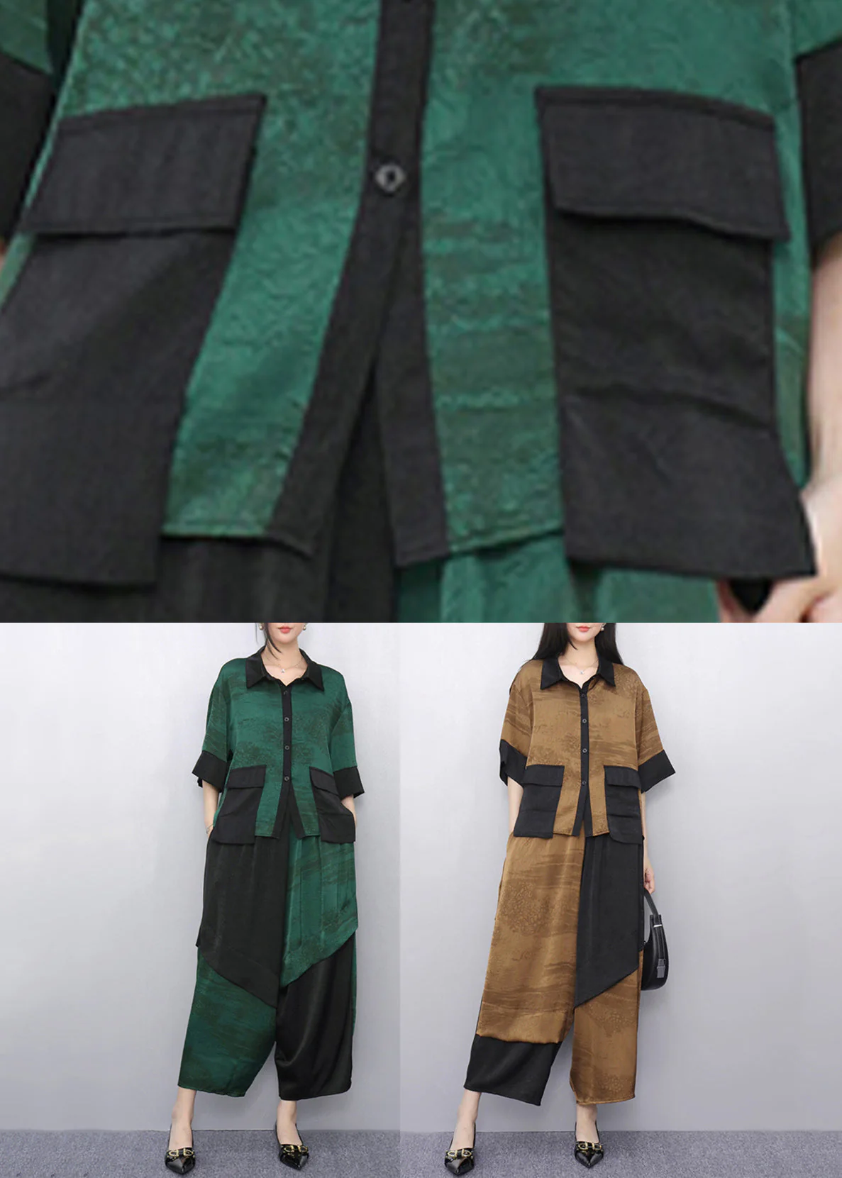 Casual Green Peter Pan Collar Top And Wide Leg Pants Two Pieces Set Summer - Image 5