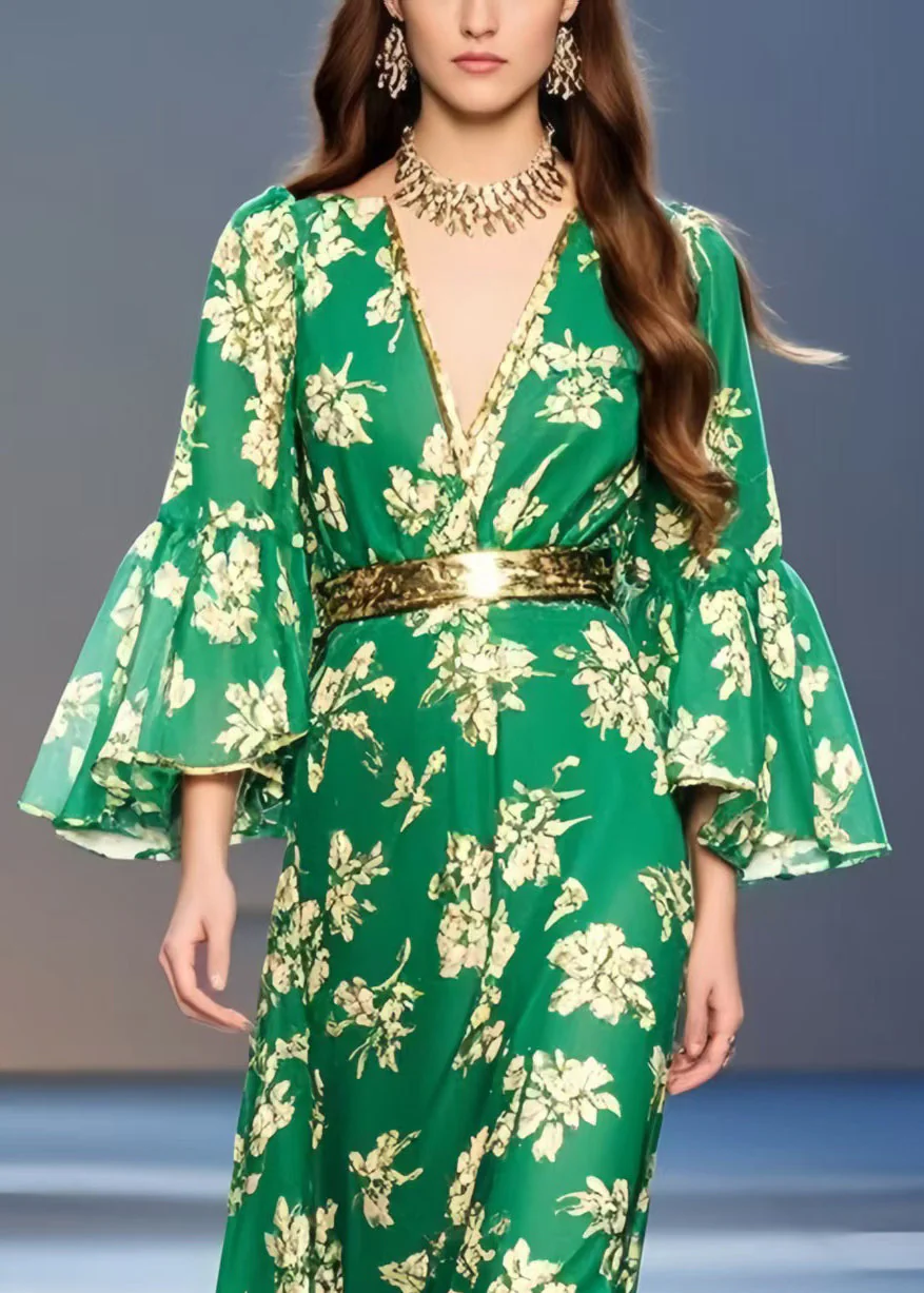 Casual Green Print Chiffon Tunic Dress Flare Sleeve - Image 2