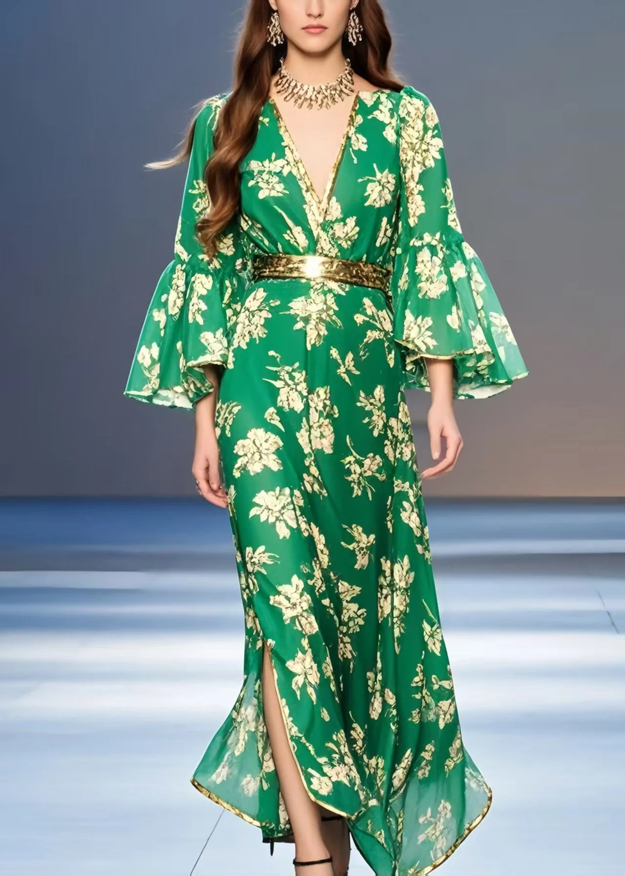 Casual Green Print Chiffon Tunic Dress Flare Sleeve - Image 3