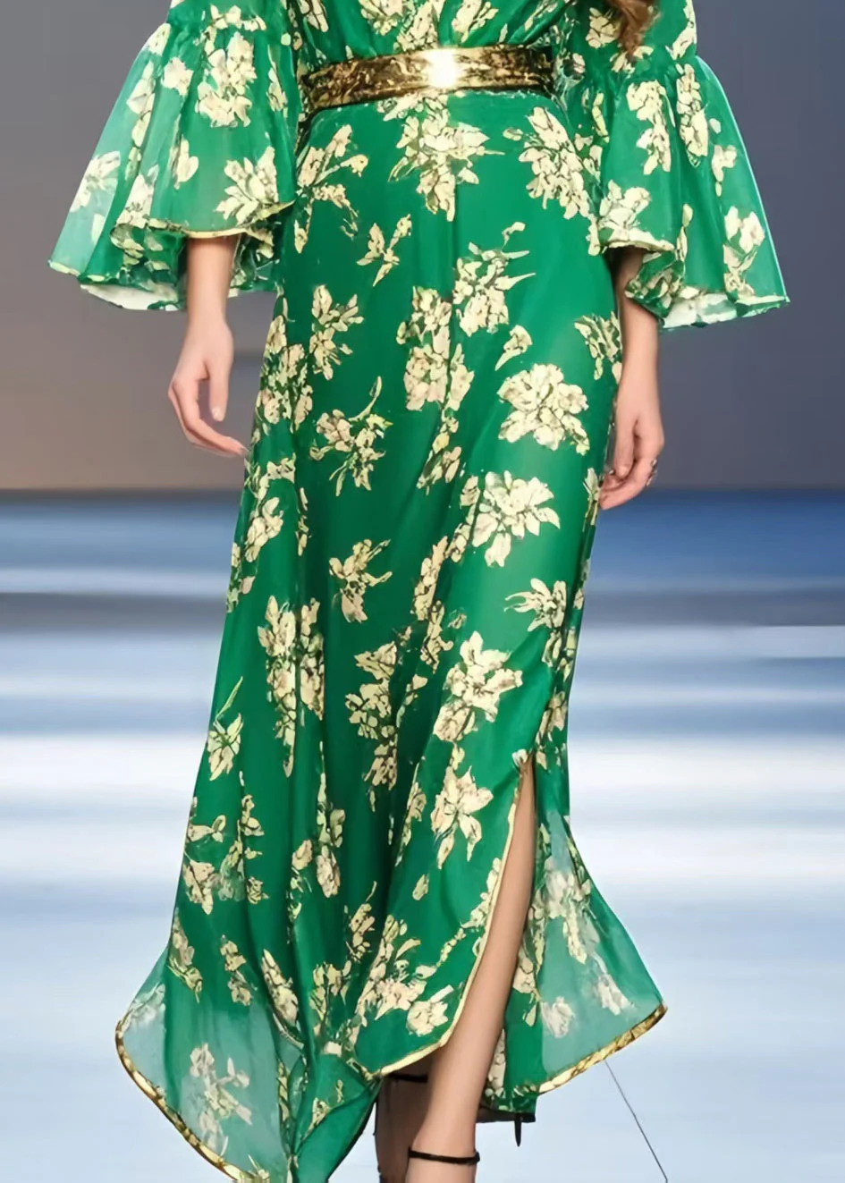 Casual Green Print Chiffon Tunic Dress Flare Sleeve - Image 4
