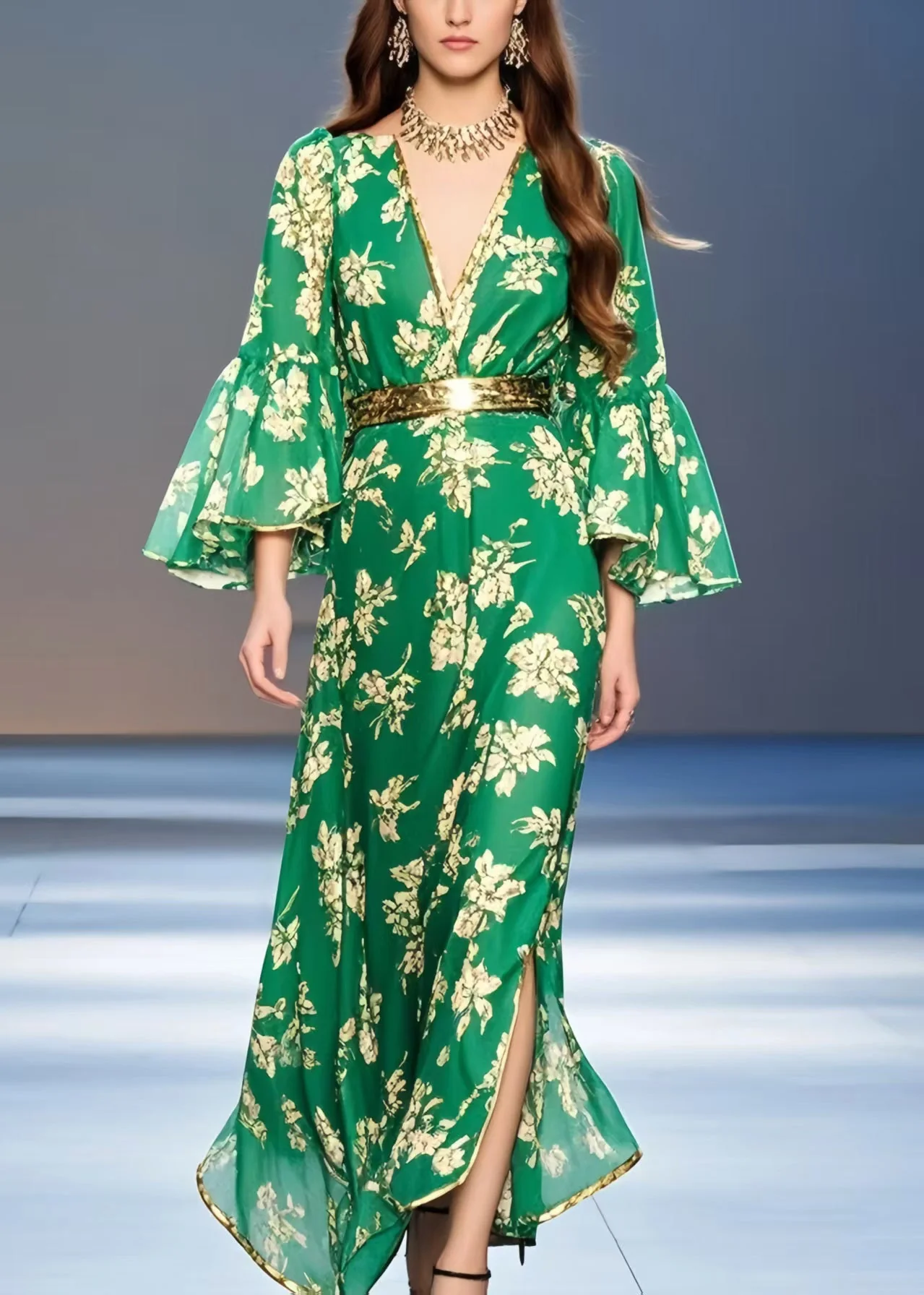 Casual Green Print Chiffon Tunic Dress Flare Sleeve - Image 5