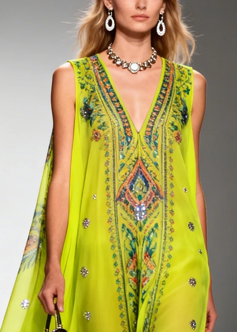 Casual Green Print Sparkly Draping Chiffon Holiday Dresses Summer - Image 2
