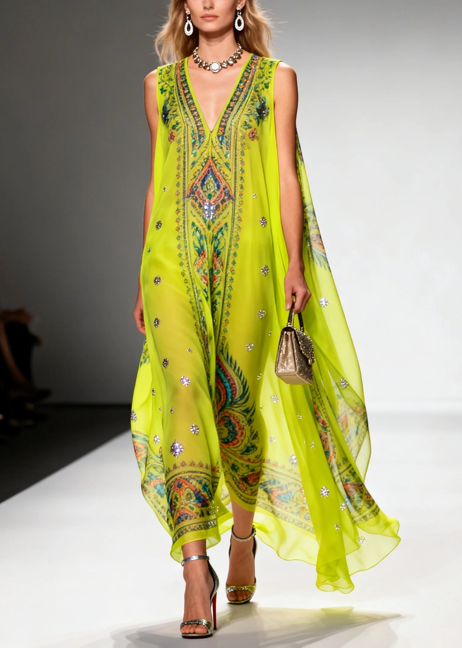 Casual Green Print Sparkly Draping Chiffon Holiday Dresses Summer - Image 3