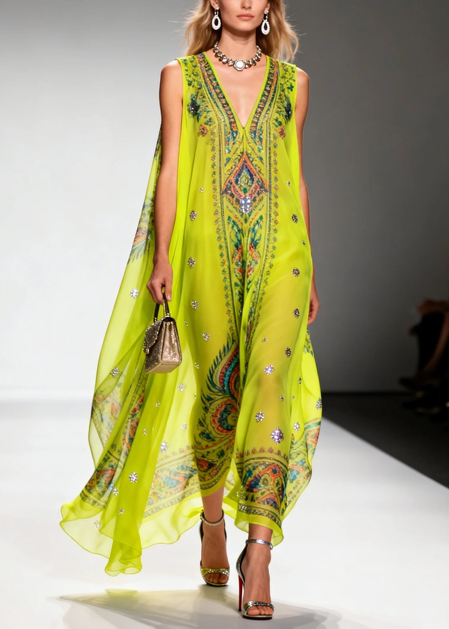 Casual Green Print Sparkly Draping Chiffon Holiday Dresses Summer - Image 5