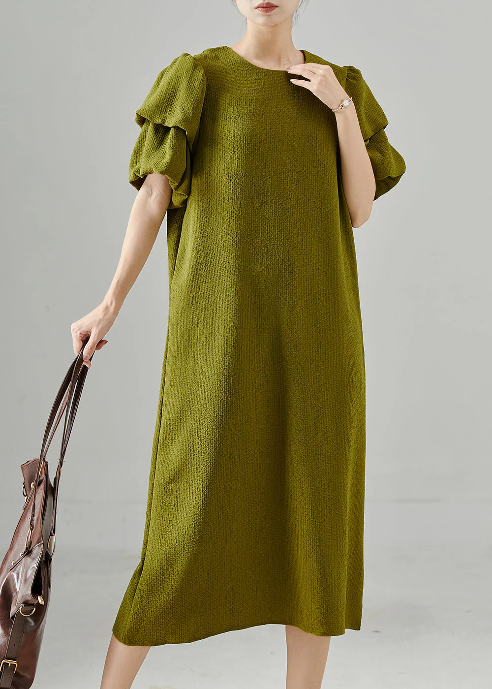 Casual Green Puff Sleeve Spandex Dresses Summer - Image 3