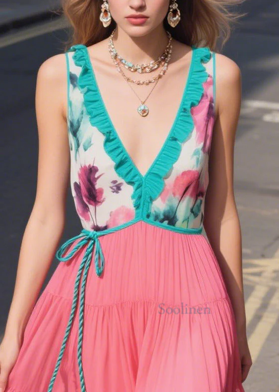 Casual Green Ruffled Patchwork Chiffon Sun Dresses Summer - Image 2
