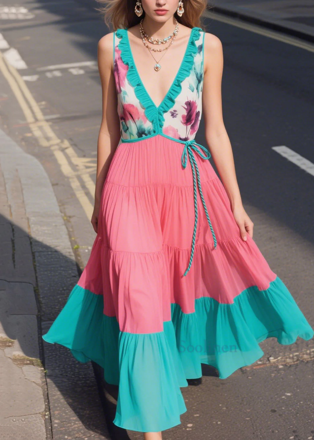 Casual Green Ruffled Patchwork Chiffon Sun Dresses Summer - Image 3