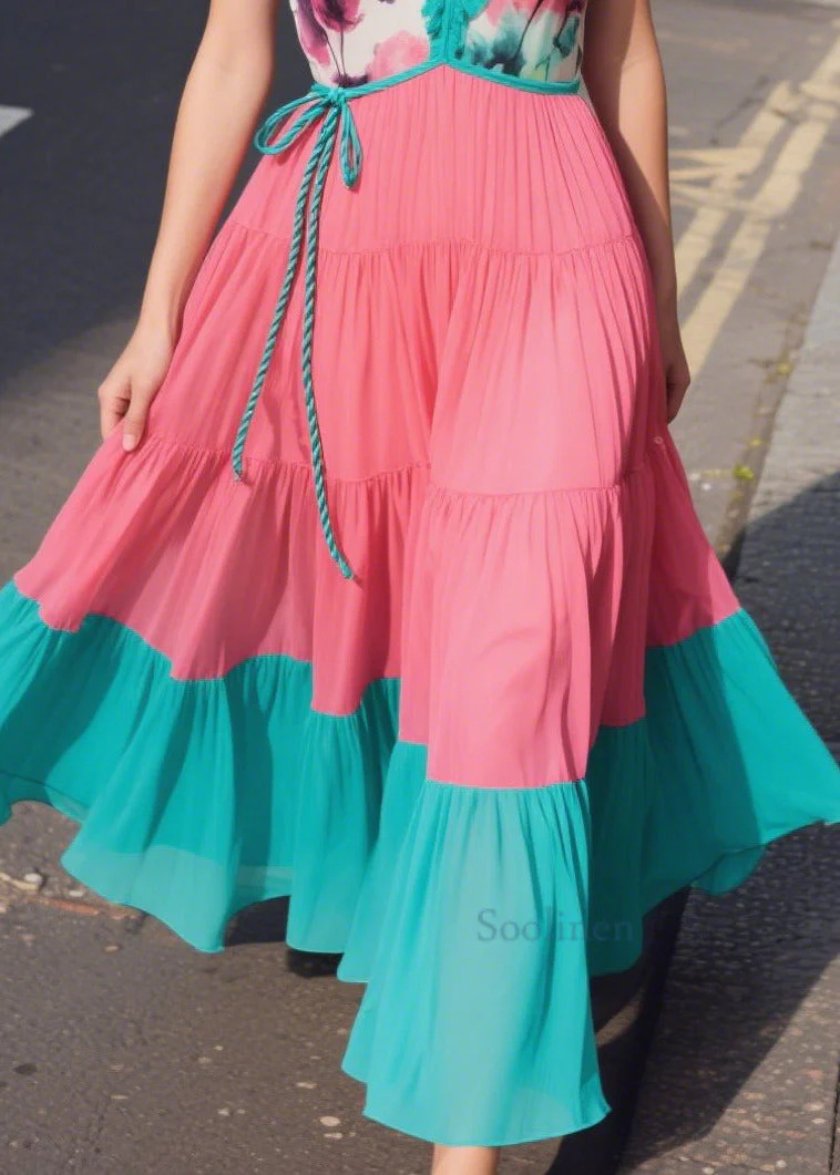 Casual Green Ruffled Patchwork Chiffon Sun Dresses Summer - Image 4