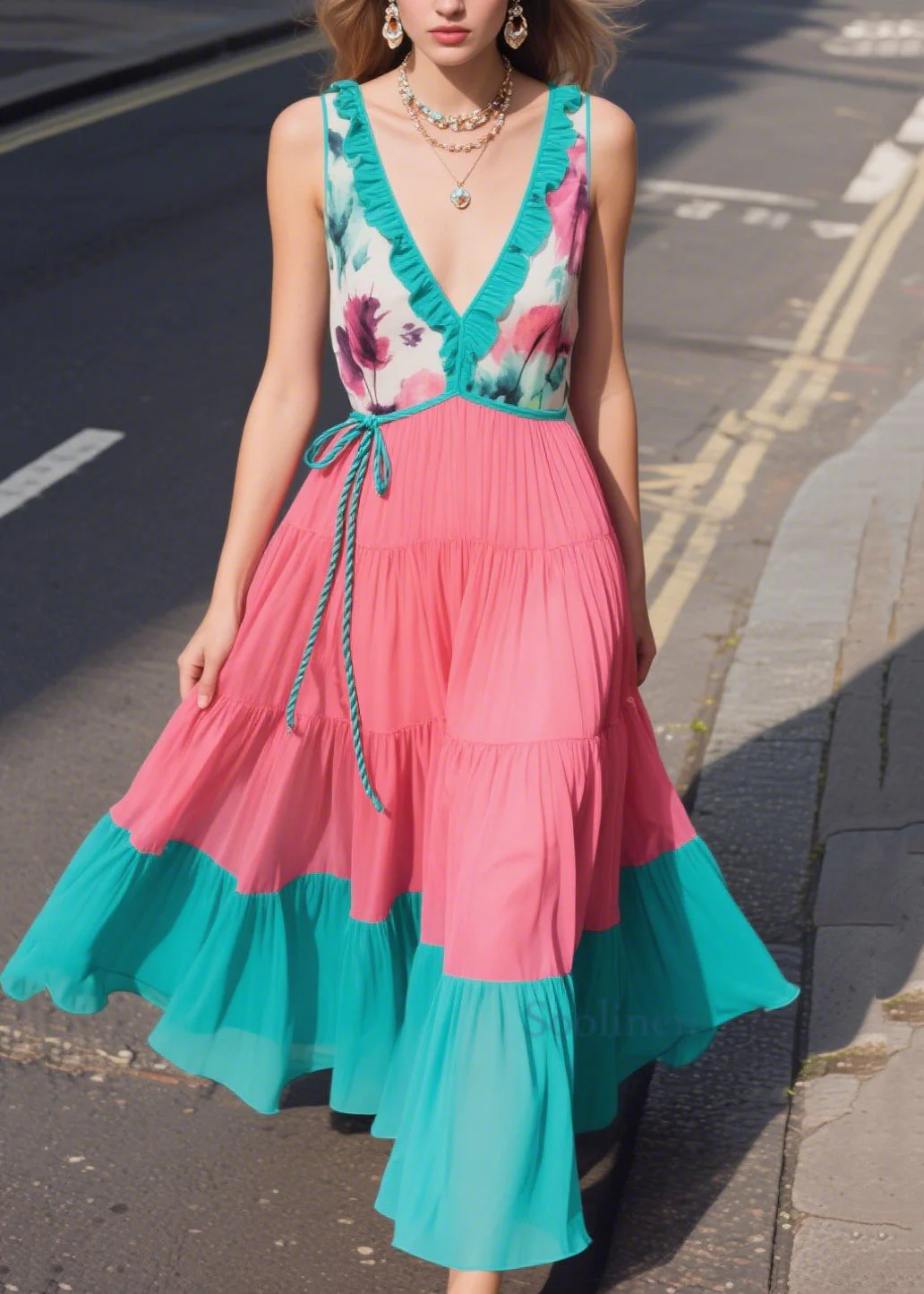 Casual Green Ruffled Patchwork Chiffon Sun Dresses Summer - Image 5