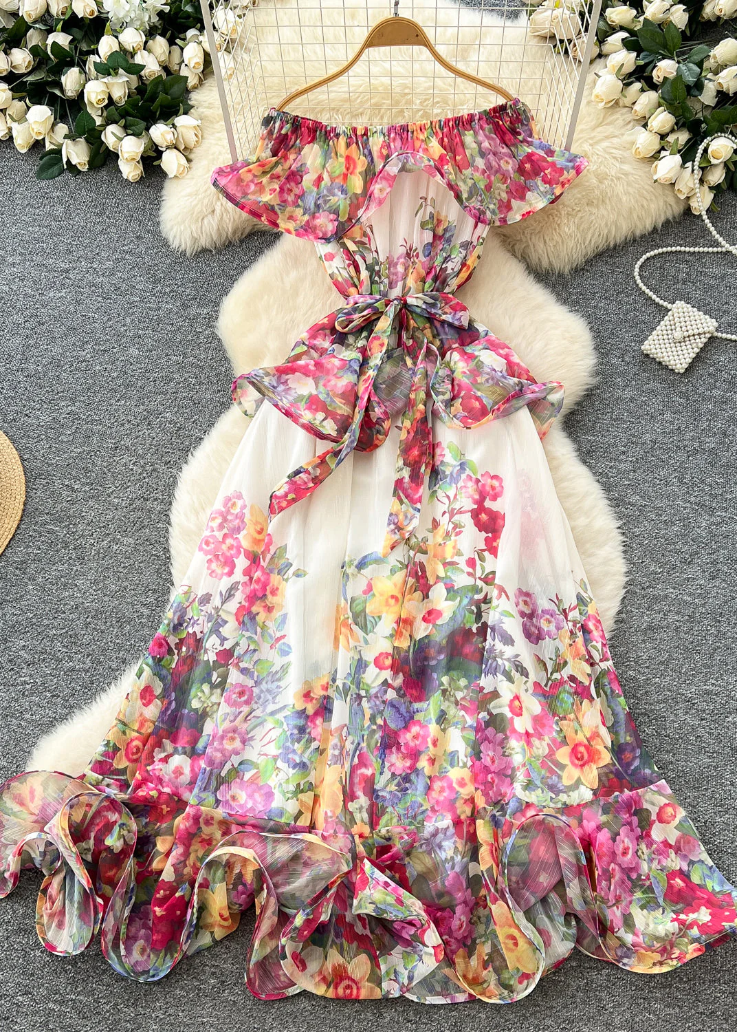 Casual Green Slash Neck Print Chiffon Holiday Dress Summer - Image 2