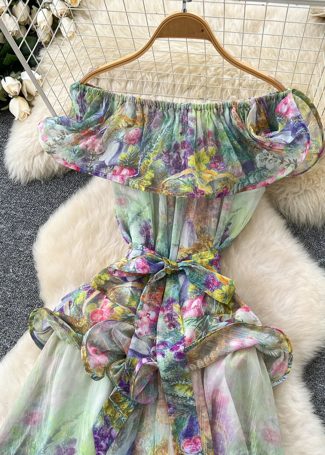 Casual Green Slash Neck Print Chiffon Holiday Dress Summer - Image 3