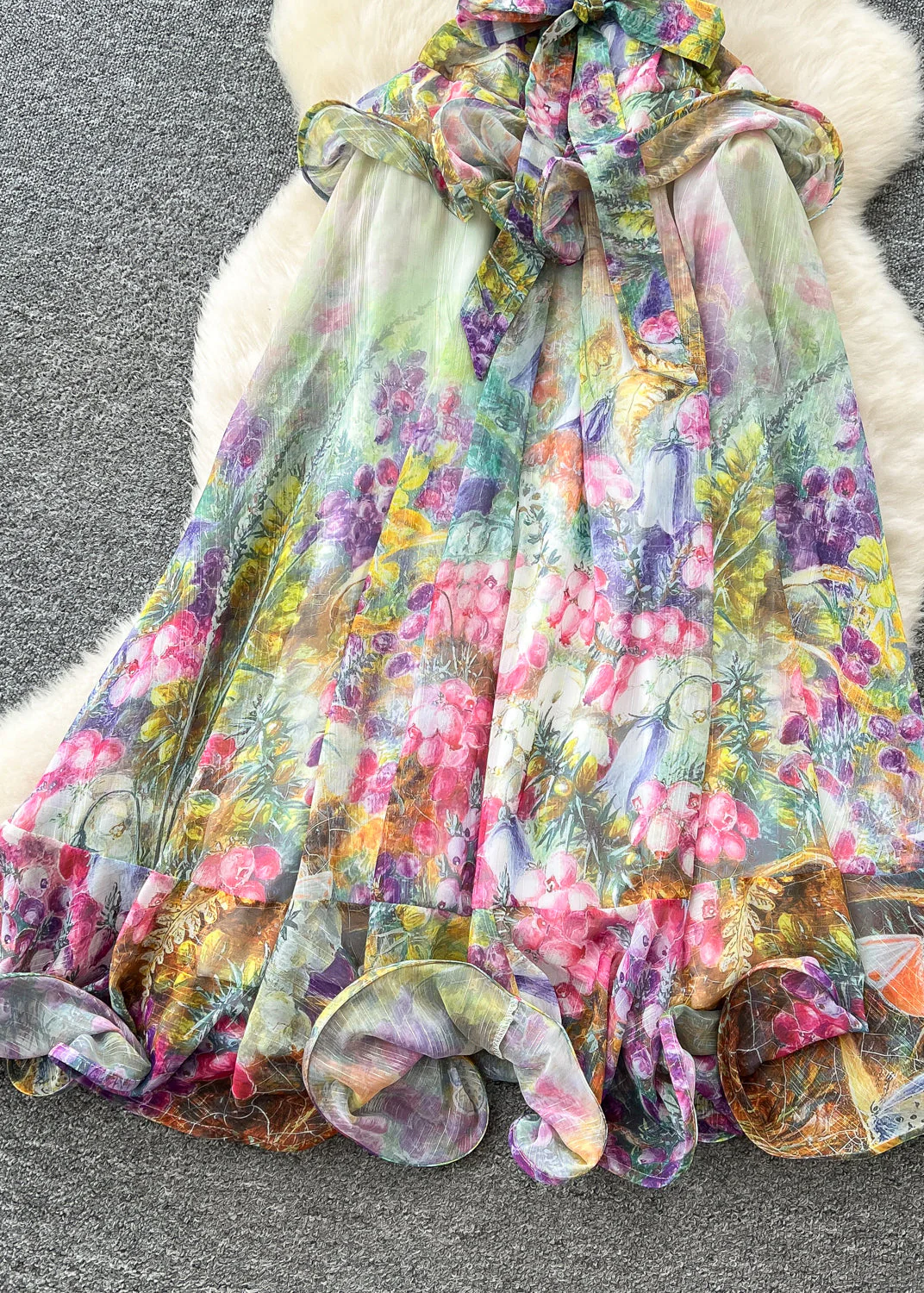 Casual Green Slash Neck Print Chiffon Holiday Dress Summer - Image 5