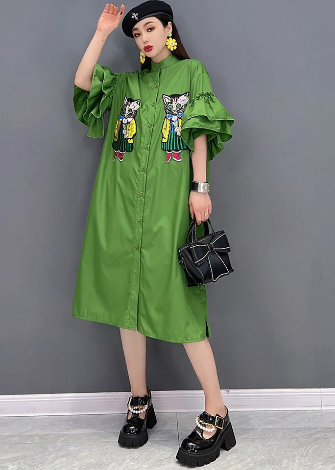 Casual Green Stand Collar Cat Embroideried Shirt Dress Ruffles Sleeve - Image 2