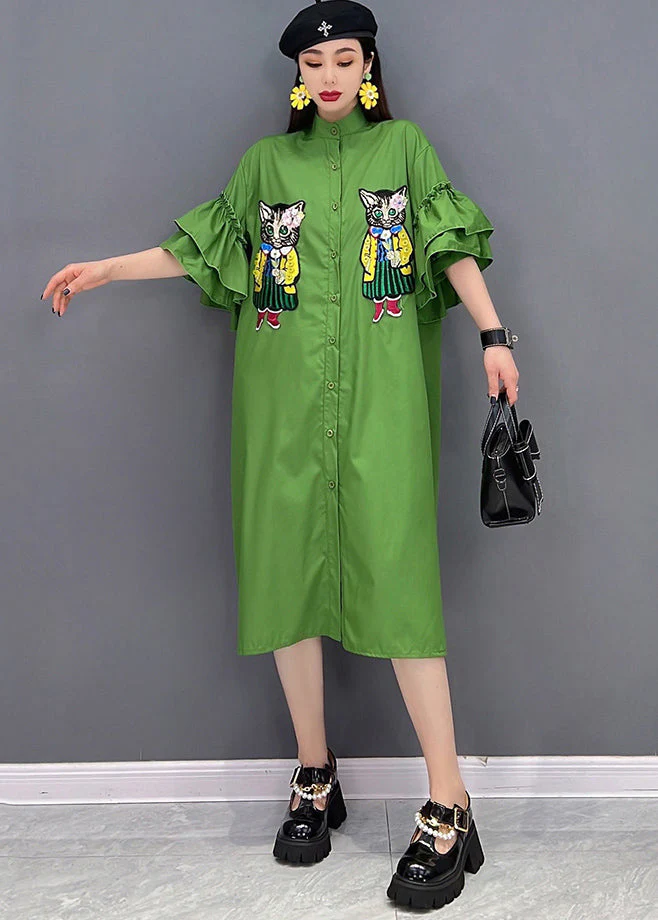Casual Green Stand Collar Cat Embroideried Shirt Dress Ruffles Sleeve - Image 3