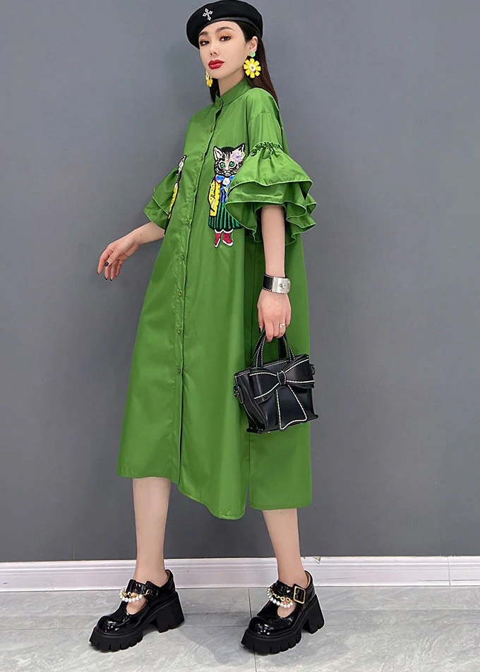 Casual Green Stand Collar Cat Embroideried Shirt Dress Ruffles Sleeve - Image 4