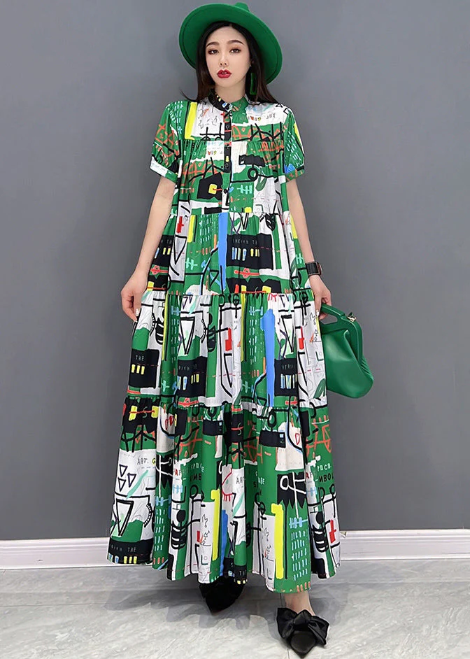 Casual Green Stand Collar Patchwork Exra Large Hem Print Chiffon Maxi Dress Short Sleeve - Image 2