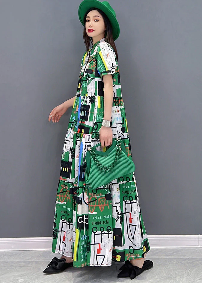 Casual Green Stand Collar Patchwork Exra Large Hem Print Chiffon Maxi Dress Short Sleeve - Image 3