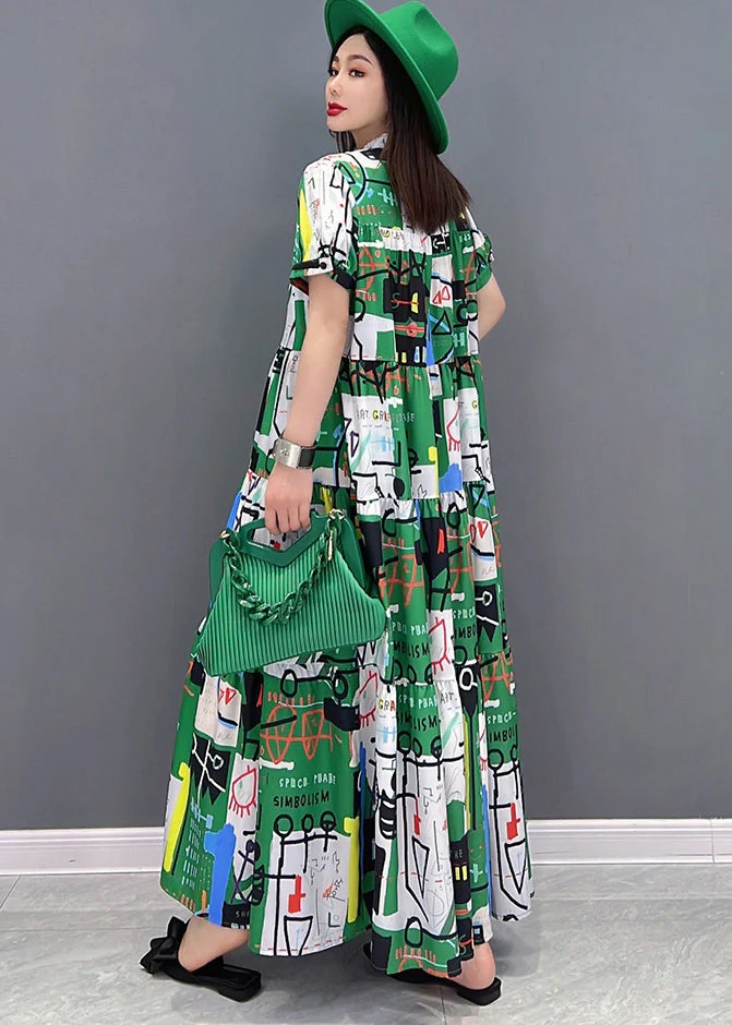 Casual Green Stand Collar Patchwork Exra Large Hem Print Chiffon Maxi Dress Short Sleeve - Image 4