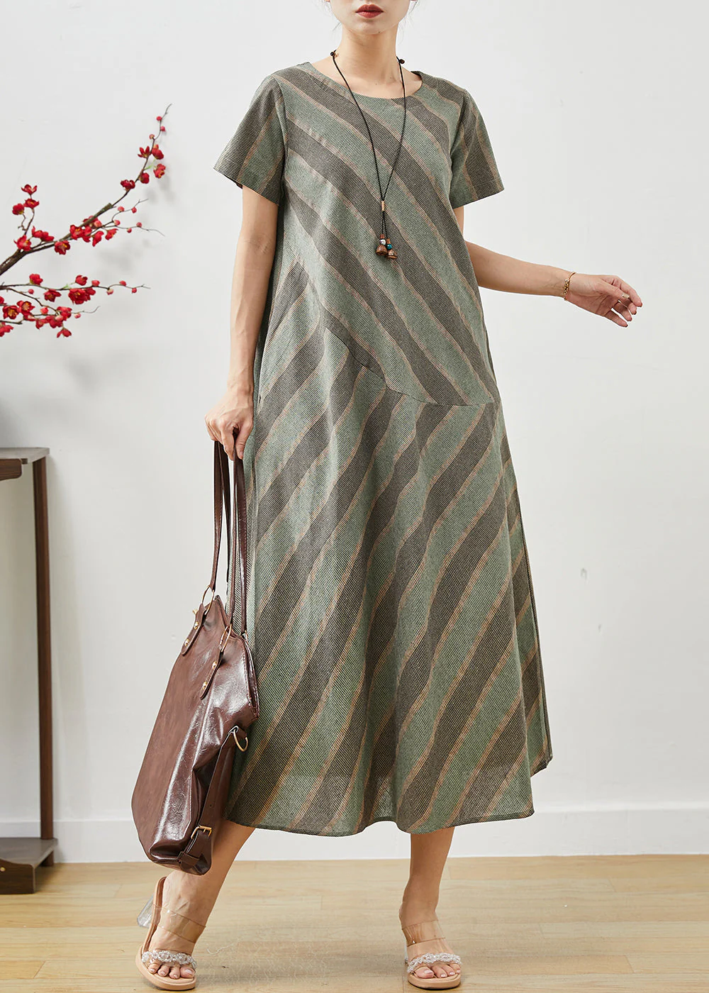 Casual Green Striped Patchwork Cotton Long Dress Summer - Image 2
