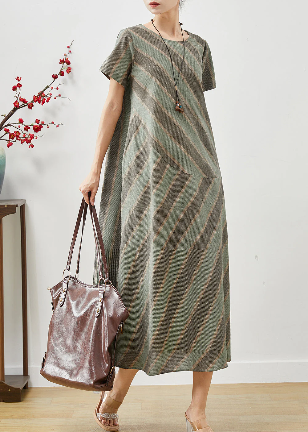 Casual Green Striped Patchwork Cotton Long Dress Summer - Image 3