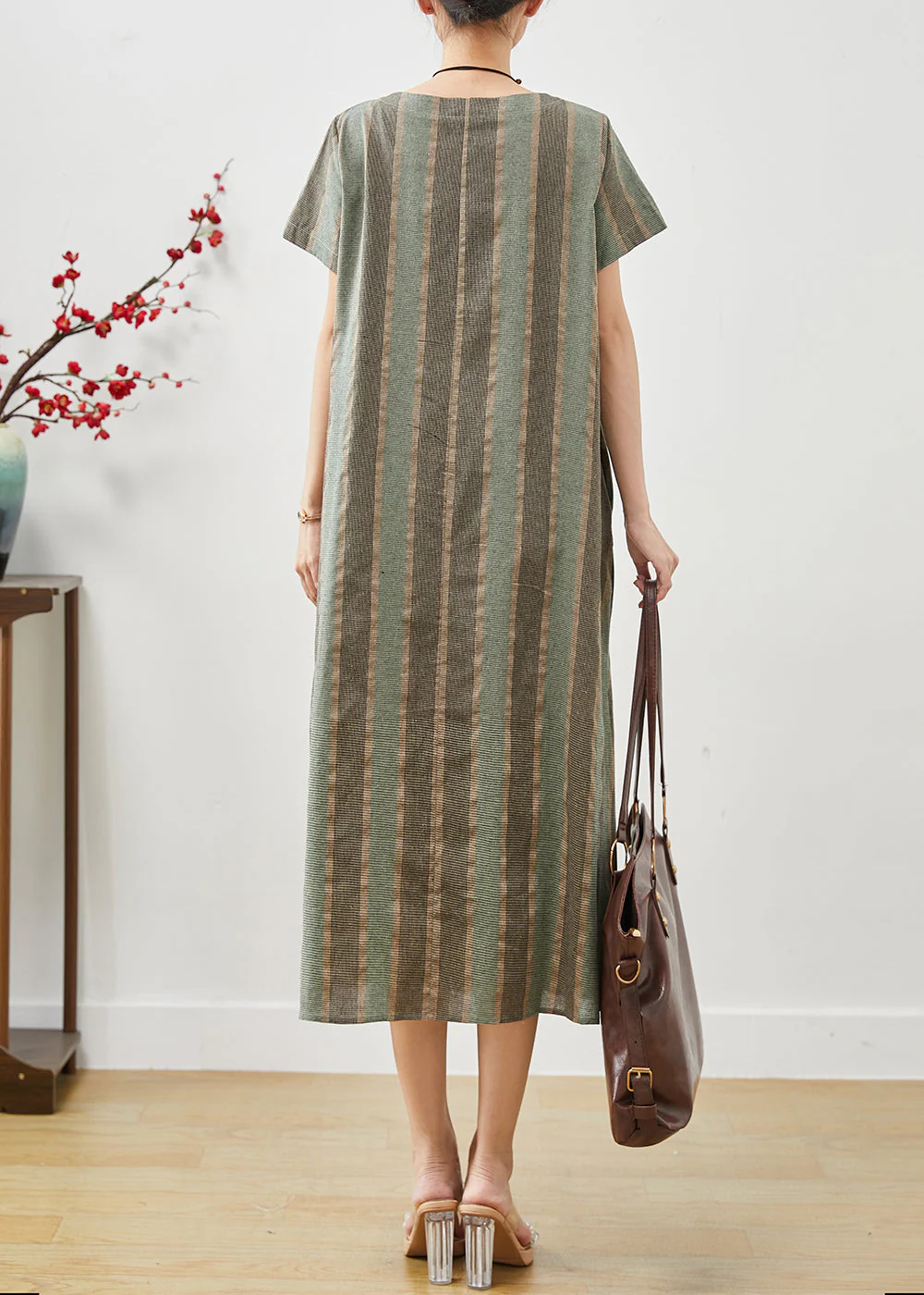 Casual Green Striped Patchwork Cotton Long Dress Summer - Image 4