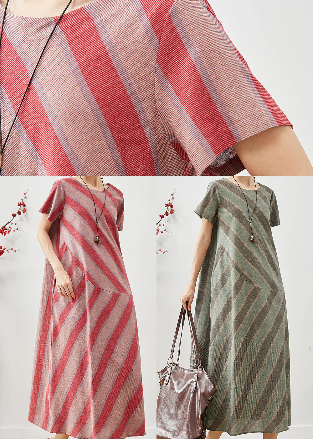 Casual Green Striped Patchwork Cotton Long Dress Summer - Image 5