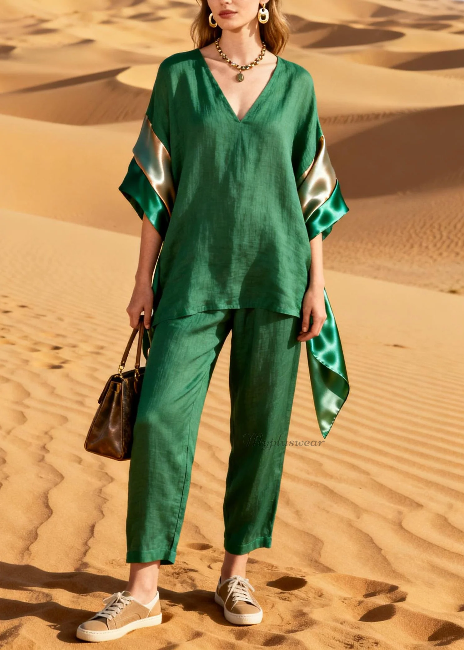 Casual Green Top And Pants Patchwork Linen Silk Two Pieces Set Summer - Image 5