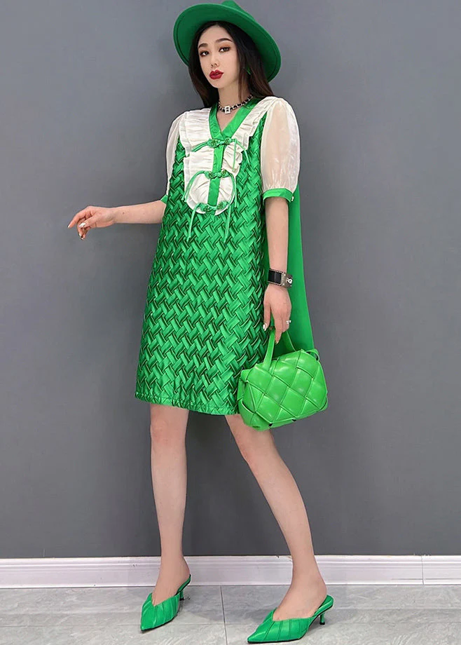 Casual Green V Neck Patchwork Chiffon Women's Mid Dress Short Sleeve - Image 2