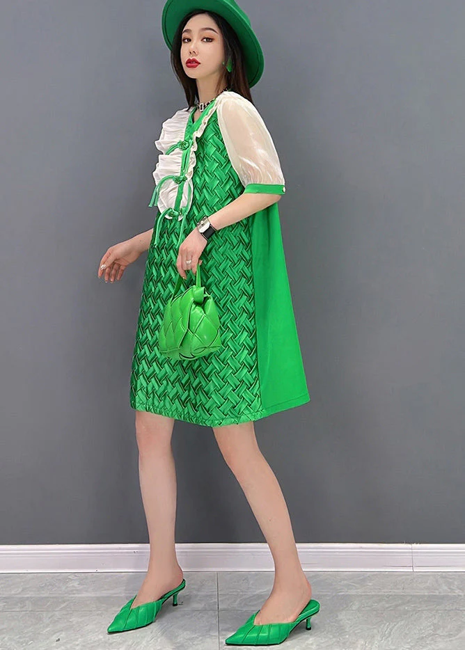 Casual Green V Neck Patchwork Chiffon Women's Mid Dress Short Sleeve - Image 3