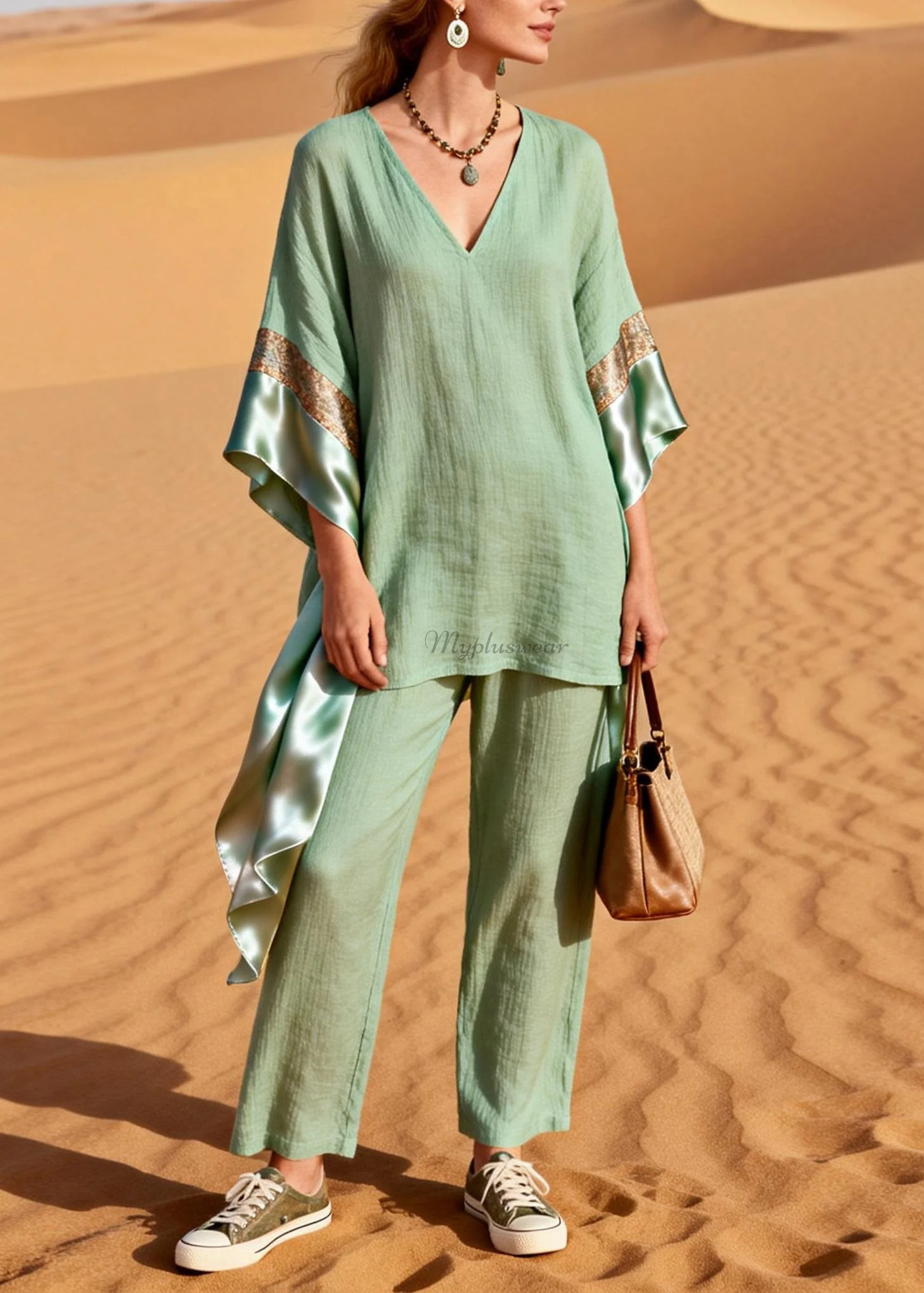 Casual Green V Neck Patchwork Linen Silk Two Pieces Set Summer - Image 3