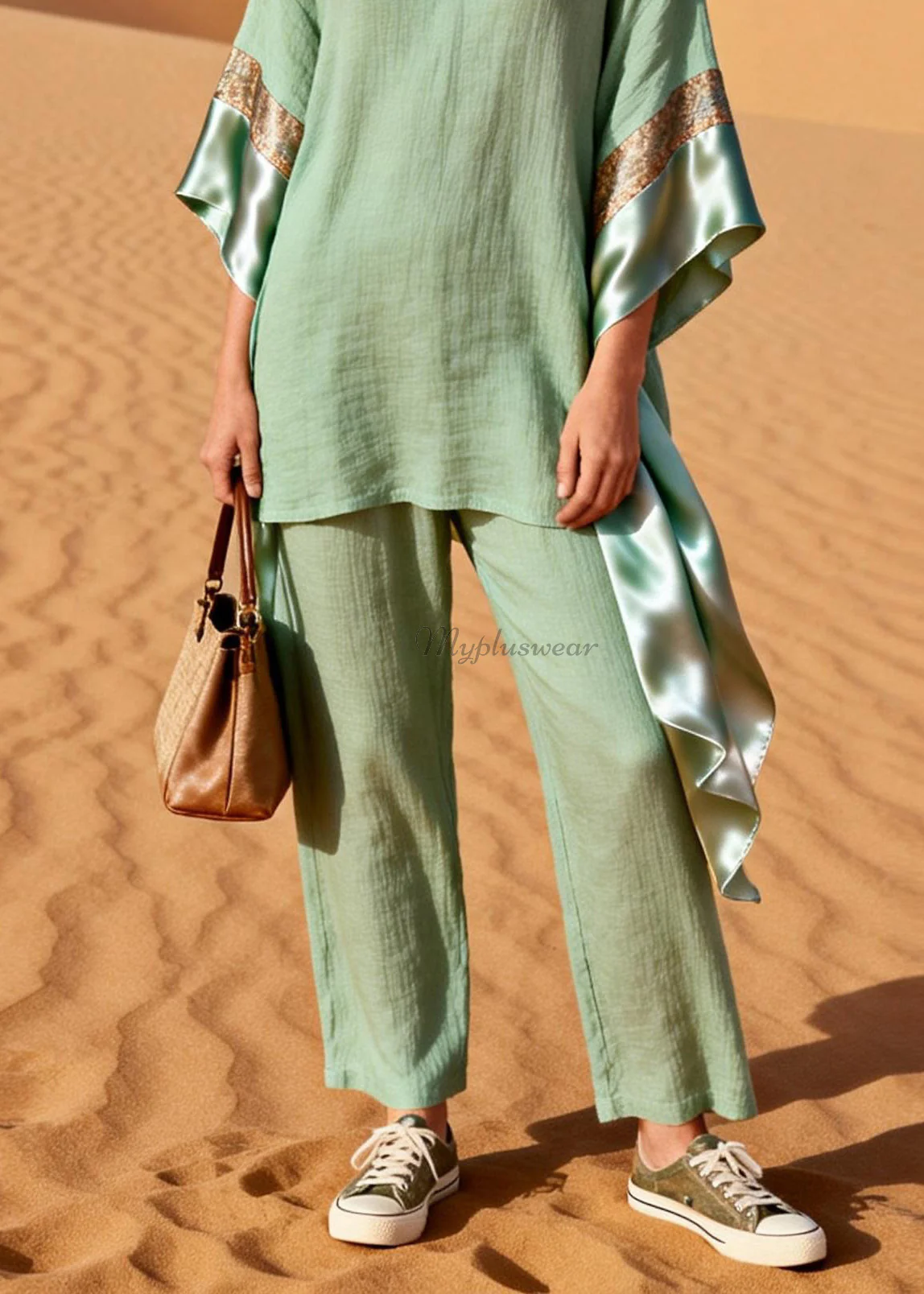 Casual Green V Neck Patchwork Linen Silk Two Pieces Set Summer - Image 4