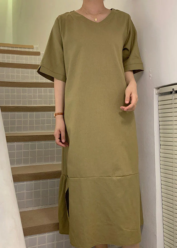 Casual Green V Neck Patchwork Wrinkled Cotton Dress Short Sleeve - Image 2