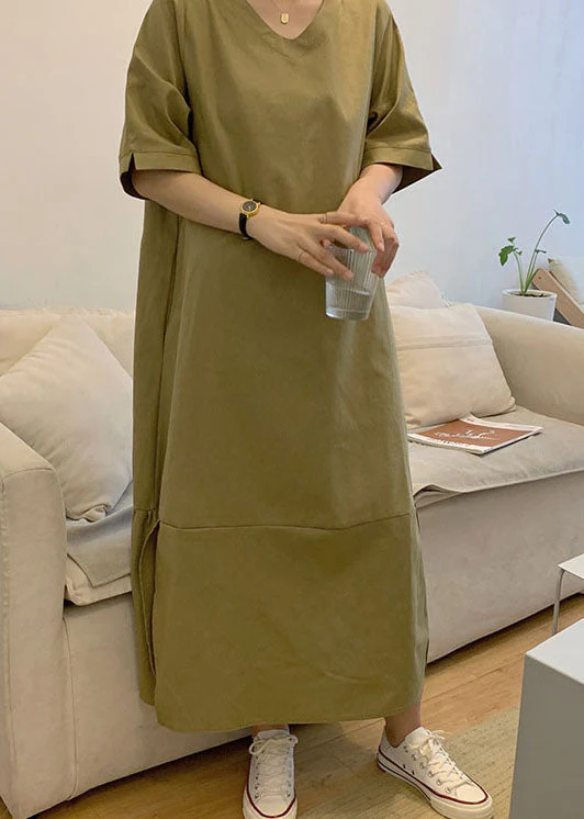 Casual Green V Neck Patchwork Wrinkled Cotton Dress Short Sleeve - Image 3