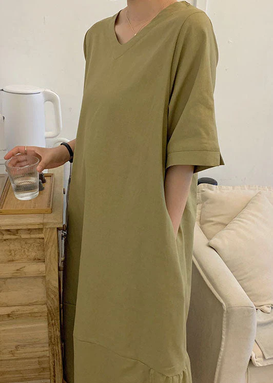 Casual Green V Neck Patchwork Wrinkled Cotton Dress Short Sleeve - Image 4